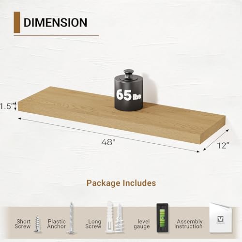 Vivelove 12 Inch Deep Floating Shelves,48 X 12 Inches, Oak, Set of 2 - color: Oak, size: 48”wx12”dx1.5”h
