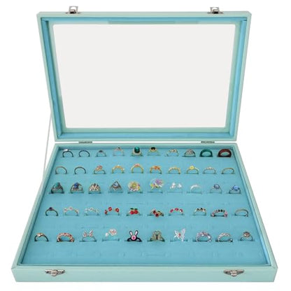 100 Slots Jewelry Ring Holder Box with Dust-proof Clear Glass Lid - color: Blue-100 rings