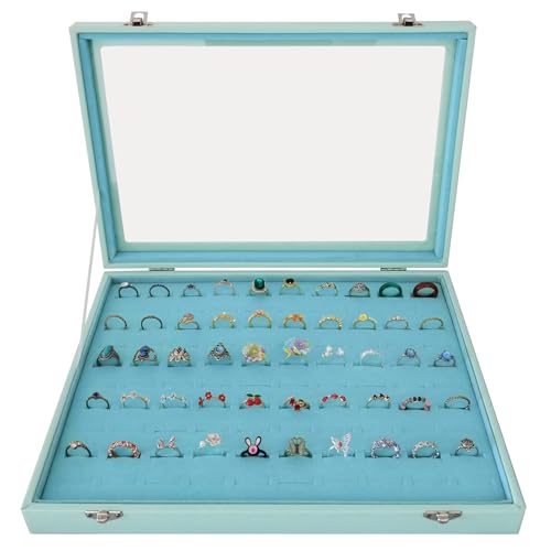 100 Slots Jewelry Ring Holder Box with Dust-proof Clear Glass Lid - color: Blue-100 rings