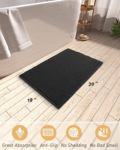 Upgraded Waffle Bath Mat Ultra Absorbent Non Slip Bathroom Mat, 18" x 30" - color: Black, size: 18" x 30"