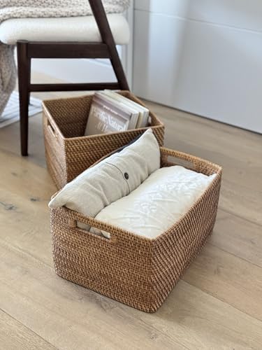 KOUBOO Loma Rectangular Rattan Storage Basket with Handles, Honey Brown - color: Honey-Brown