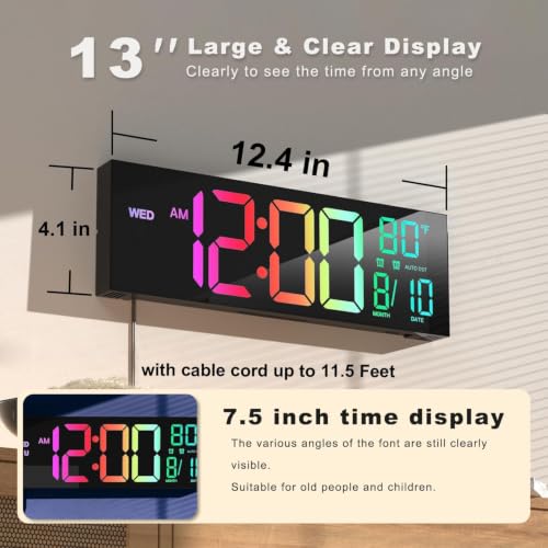 JALL 13" Large Digital Wall Mount Clock, Count Down Timer, Alarm, Big LED, DST, Temperature for Living Room Classroom Desk, Xmas, Birthday Gift for Senior Mom Dad, RGB - color: Black, size: 13 inches