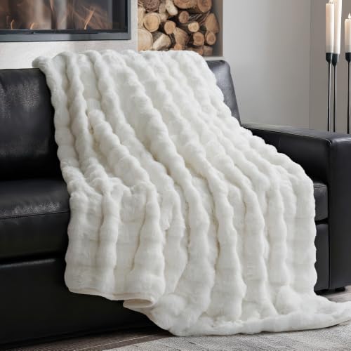 EverGrace Faux Rabbit Fur Bubble Throw Blanket, 50"x60", Bright White - color: Bright White, size: 50"x60"