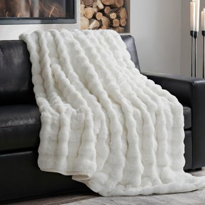 EverGrace Faux Rabbit Fur Bubble Throw Blanket, 50"x60", Bright White - color: Bright White, size: 50"x60"