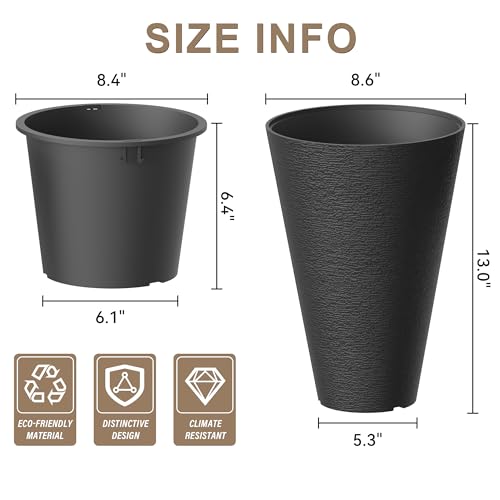 Kante Set of 2 Black Tapered Planters, 13" Tall with Removable Inner Pots - color: Black, size: 13" H