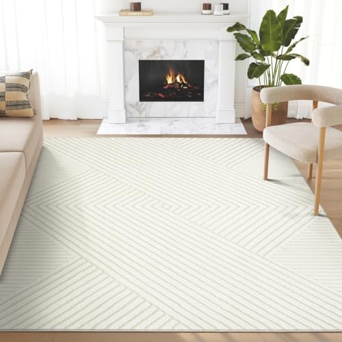 Abani Cream Area Rug for Living Room, Bedroom - Geometric Lines- 5 x 8 -Durable & Easy to Clean - color: Cream, size: 5' x 8' (Rectangular)
