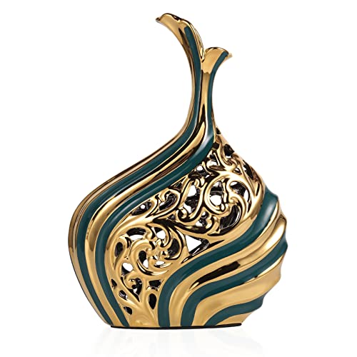 15 inch Tall Floor vase, Green and Gold Ceramic vase, Tall Pottery Decorative, Unique Pampas Grass vase Suitable for Living Room Floor, Home Office, Porch Home Centerpiece Decorative Large vase - color: M-green Gold