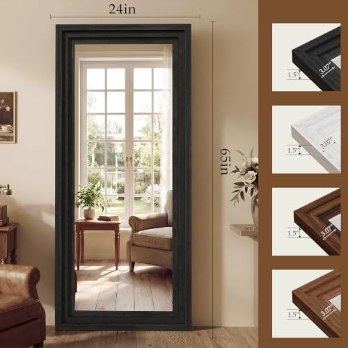Wood Full Length Mirror 65"x24", Large Solid Wood Frame Floor Mirror - color: Black, size: 65"L x 24"W