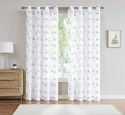 LinenZone 54x63 White Curtains with Charcoal Leaves. (Maria 54x63 Charcoal) - color: Charcoal, size: 54"W x 63"L (Pack of 2)