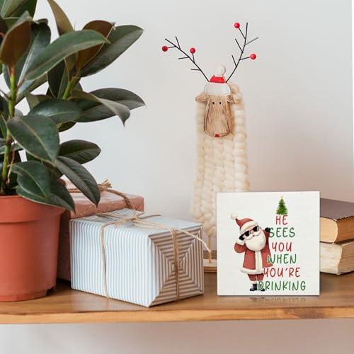 Funny Christmas Bar Wooden Box Sign Desk Decor, He Sees You When You're Drinking Christmas Santa Wood Block Sign for Home Kitchen Bar Pub Lounge Desk Table Shelf Wall Decorations, 5x5 Inch - color: Funny-02