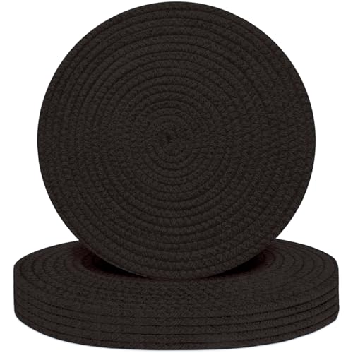 Round Placemats Set of 6, Cotton Rope Woven Table Mats, Hot Pads for Kitchen, Non Slip Heat Resistant Place Mats, 13 Inches Braided Placemat for Farmhouse Decor and Kitchen Table Decor (Black) - color: Black