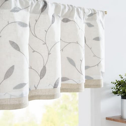 jinchan Sheer Valance for Window Gray Leaf Embroidered 18 Inch 1 Panel - color: Leaves | Grey on White