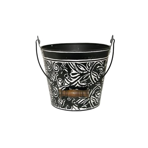 Headwind Vintage Collection - Floral Charcoal Planter with Handles – Small Galvanized Buckets & Metal Flower Pots, Decorative Bucket Planter with Drainage Hole for Indoor Plants & Outdoor Garden Décor - color: Charcoal, size: 8"