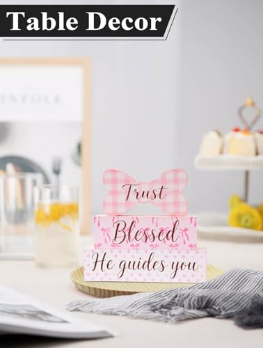 Pink Bow Wooden Tabletop Decor, Trust Blessed He Guides You Block Sign, Farmhouse Rustic Centerpiece for Table Shelf, Easter Christian Faith Home Decoration, Inspirational Gift for Women - size: Pink Bow