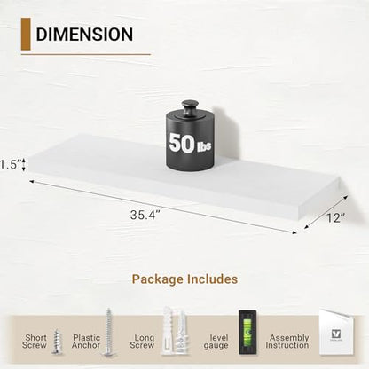 Vivelove White Floating Shelves 12 Inches Deep, 36 X 12 Inch, Set of 2 - color: White, size: 35.4”wx12”dx1.5”h