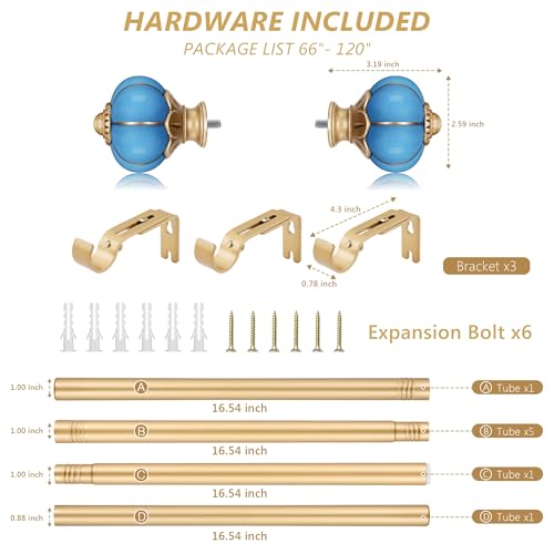 Ceramic Curtain Rods for Windows 66 to 120 Inch 1 Inch Adjustable - color: Gold Blue, size: 66"-120"