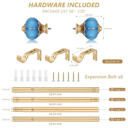 Ceramic Curtain Rods for Windows 66 to 120 Inch 1 Inch Adjustable - color: Gold Blue, size: 66"-120"
