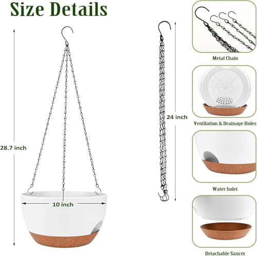 2 Pack 10 Inch Self Watering Hanging Planter for Indoor Outdoor Plants - color: White, size: 10 inch