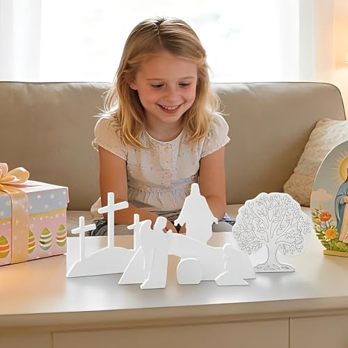APUDW 7 Pcs Easter Scene and Cross Decoration White Wooden Empty Tomb Resurrection Scene Tabletop Display Christian Religious Jesus Nativity Set for Easter Holy Week Home Office Church Tray Shelf