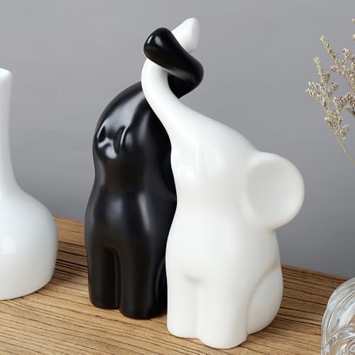 QINJIEJIE Elephant Figurines Loving Gifts for Couples Ceramic Elephant - color: Black & White