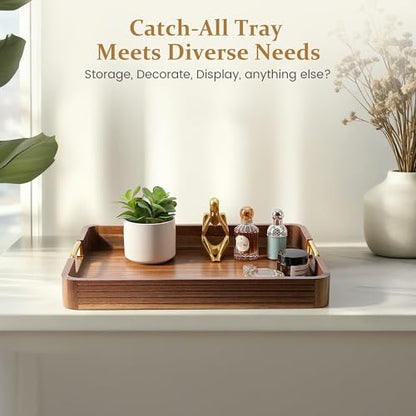 Acacia Wood Serving Tray with Gold Handles (Natural, 17" x 13" x 2") - color: Natural Acacia / Gold Handle, size: 17” × 13” × 2”