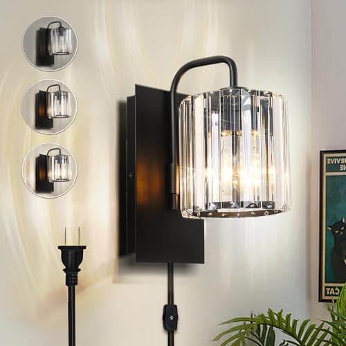 Plug in Crystal Wall Sconces, Black Plug in Sconce with Dimmer Cord - color: Crystal Glass Sttyle with Plug