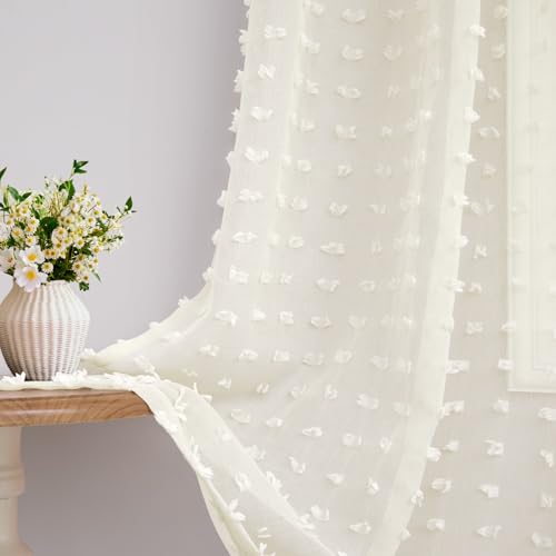 DANCURTON Cream Sheer Curtains for Bedroom Lightweight Unique Trendy Pom Pom Cute Curtains for Kids Girls Room Back Tab Modern Farmhouse Ivory Boho Sheer Drapes for Living Room 63 Inch Length 2 Panels - color: Cream, size: 52"W x 63"L (Pack of 2)