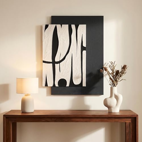 AMAATE 3D Textured Black White Abstract Sandstone Relief Framed Wall Art - color: Black and white abstract lines