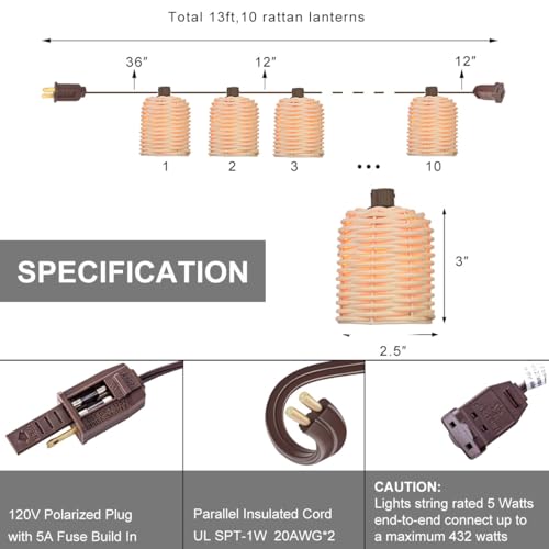 Natural Rattan String Lights, 10 Rustic Raffia Cage, 13 Ft Plug in & Connectable Wicker Lights,White Rattan - color: White Rattan