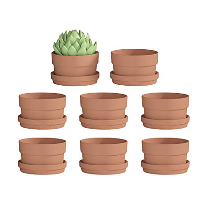 Fcacti 4.4 Inch Terracotta Shallow Succulent Pot - 8 Pack Small Terra Cotta Clay Pots with Saucer, Cacuts Terra-Cotta Indoor and Outdoor Planters with Drainage Hole - size: 4.4 inches