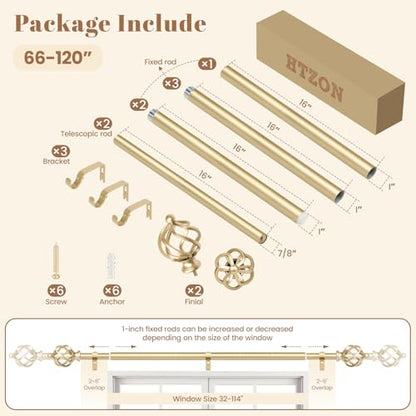 1" Farmhouse Heavy Duty Curtain Rods for Windows,Adjust 66-120",Gold - color: Brass Gold, size: 66-120 Inch & 1 Pack