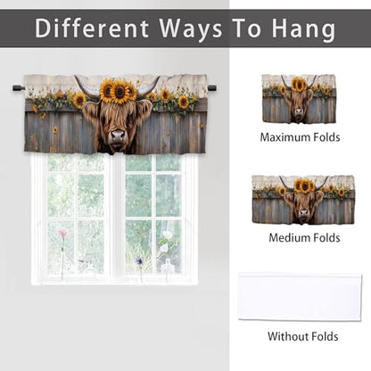 Highland Cow Sunflower Valances Curtains for Kitchen Windows 2 Pack Brown Hair Cattle Valance for Bedroom Living Room Bathroom Rod Pocket Window Curtains Window Treatment Valances 54x18 inch - color: Highland Cow Sunflower