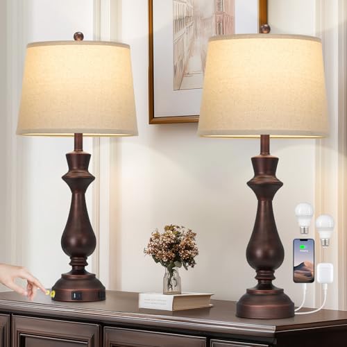 Cinkeda Touch Lamps for Night Stands Set of 2-29.5" Tall Bedside Lamp with USB C+A, 3 Way Dimmable Bedroom Lamps, Vintage Brown Table Lamps for Living Room - color: Brown