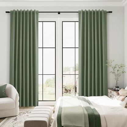 Linen 100% Blackout Curtains 86 Inches Long 2 Panels Set Linen Back Tab Hook Belt Elegant Country Farmhouse Black Out Thermal Insulated Soundproof Room Darkening Living Room Bedroom Nursery 52x86 - color: Olive Green, size: 52"W x 86"L (Pack of 2)