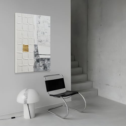 Modern Textured Abstract Blocks Wall Art, Gray White Oil Painting Artwork - color: White and Gray, size: 24"L x 36"W