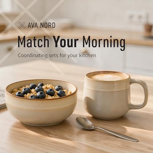 Ava Nord Stoneware Ceramic Cereal Bowls Set of 4, 21 oz | Lead-Free, Cadmium-Free | Microwave and Dishwasher Safe | For Soup, Salad, Rice, Dessert, Ice Cream | Nordic Design | Terracotta/Sage Ash