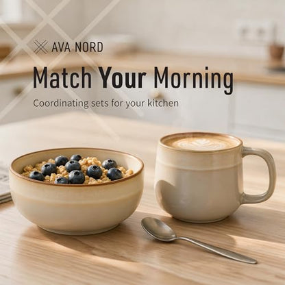 Ava Nord Stoneware Ceramic Cereal Bowls Set of 4, 21 oz | Lead-Free, Cadmium-Free | Microwave and Dishwasher Safe | For Soup, Salad, Rice, Dessert, Ice Cream | Nordic Design | Terracotta/Sage Ash