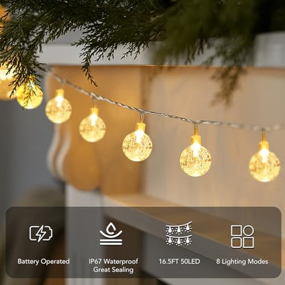 Metaku 16.4Ft 50LED Battery Operated Globe String Lights with Remote