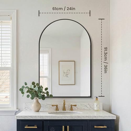 Arched Mirror for Wall, 36x24 Inch Bathroom Vanity Arched Wall Mirror with Metal Frame, Anti-Rust, Tempered Glass, Wall Mounted Mirror for Bedroom, Living Room, Entryway, Black