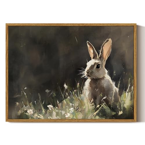 ARPEOTCY Vintage Framed Canvas Wall Art, Cute Bunny Wall Art for Living Room Bedroom, Rustic Moody Rabbit Spring Painting Pictures Home Decor for Easter Decoration (12x16 Inch) - color: Rabbit in the Grass, size: 16"L x 12"W