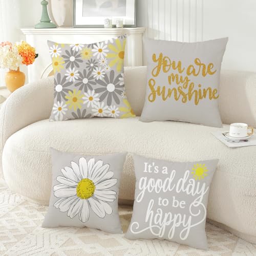 TAOSON Pack of 4, Grey White Spring Summer Daisy Decor Throw Pillow Covers, Super Soft Pillow Cases for Farmhouse, Patio Sofa and Living Room, Throw Pillows for Couch 18x18 Inch - color: S006 Grey White, size: 18" x 18" (Pack of 4)