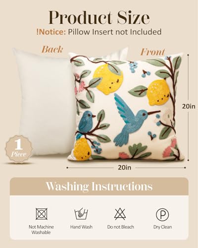 Embroidered Throw Pillow Cover 20x20 Inch, Bird Lemon - color: Bird Lemon, size: 20" x 20" (Pack of 1)