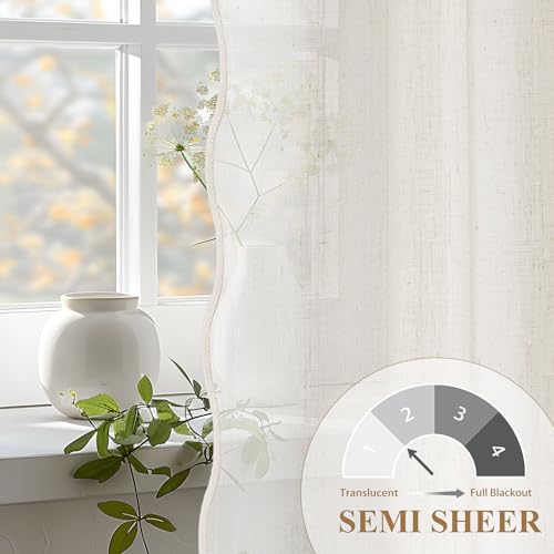 DriftAway Semi Sheer Scalloped Edge Linen Coastal Beach Window Curtains for Living Room Bedroom 2 Panels Rod Pocket Each Size 52 Inch by 84 Inch Taupe - color: Linen Taupe, size: 52"W x 84"L (Pack of 2)