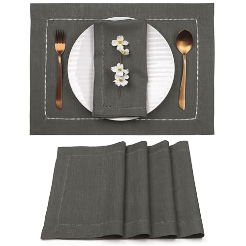 Signature Linen™ by D'Moksha, Charcoal Gray Placemats Set of 4, 14 x 19 Inch, 100% Pure Linen Table Mats, Hemstitch, Machine Washable Cloth Placemats- Fall, Weddings, Outdoor Hosting - color: Charcoal Gray, size: Set of 4 (14 X 19 Inch)