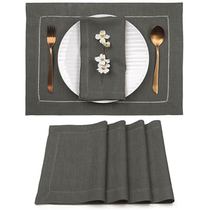 Signature Linen™ by D'Moksha, Charcoal Gray Placemats Set of 4, 14 x 19 Inch, 100% Pure Linen Table Mats, Hemstitch, Machine Washable Cloth Placemats- Fall, Weddings, Outdoor Hosting - color: Charcoal Gray, size: Set of 4 (14 X 19 Inch)