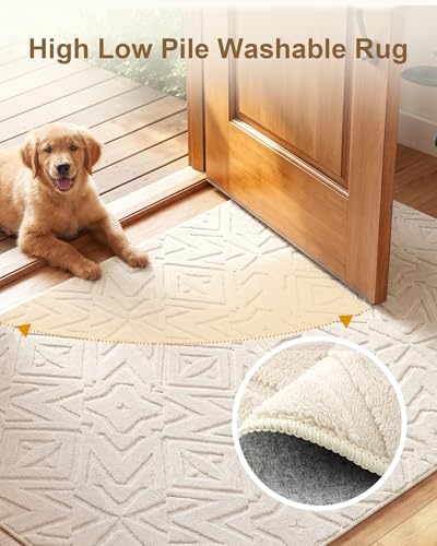 Carvapet 5x7 Area Rug Beige Geometric Washable High Low Pile Carpet - color: Geometric Beige, size: 5' x 7' Rectangular