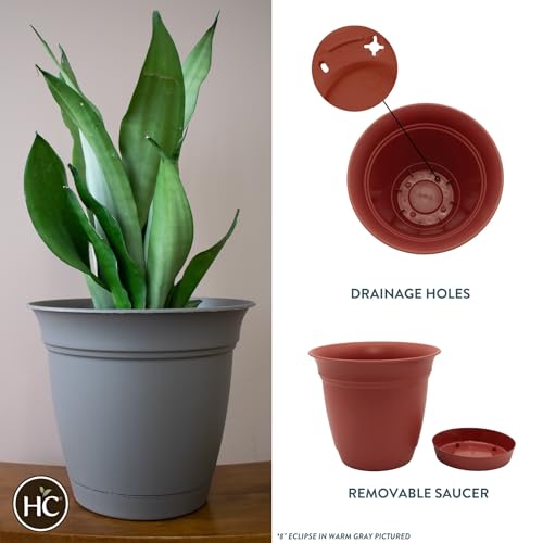 The HC Companies Eclipse Round Planter with Saucer - Outdoor & Indoor Plant Pot with Drainage Holes - Lightweight, UV-Resistant Plastic Pots for Plants, Flowers & Herbs (10" Clay, Pack of 1) - size: 10"