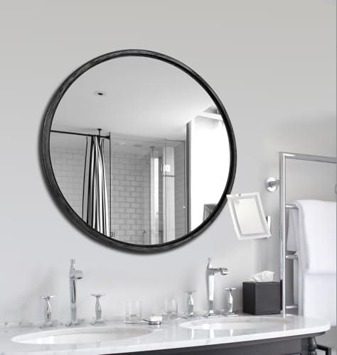 Round Oak Solid Wood Mirror, 24x24 Inch Medium Size, Black Frame, Modern Decorative Wall Makeup Mirror for Bathroom, Bedroom, Living Room(Black, 24" x 24") - color: Black
