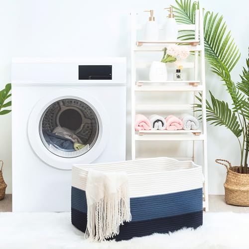 MINTWOOD Design 22in Extra Large Blanket Basket Holder Living Room, Rectangle Rope Woven Storage Basket with Handles for Laundry, Pool Towels, and Shoes, Dog Toy Organizer Bin Box, 3-Tone Blue - color: 3-Tone Blue