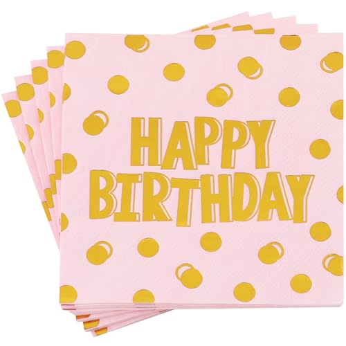 Vuzvuv 52 Pack Birthday Cocktail Napkins with Cute Dots Gold Stamping - Happy Birthday Party Dinner Hand Napkin for Party Supplies Decorations Table Decor for women man(5" Folded 3 Ply-Pink) - color: Polka Dot Pink